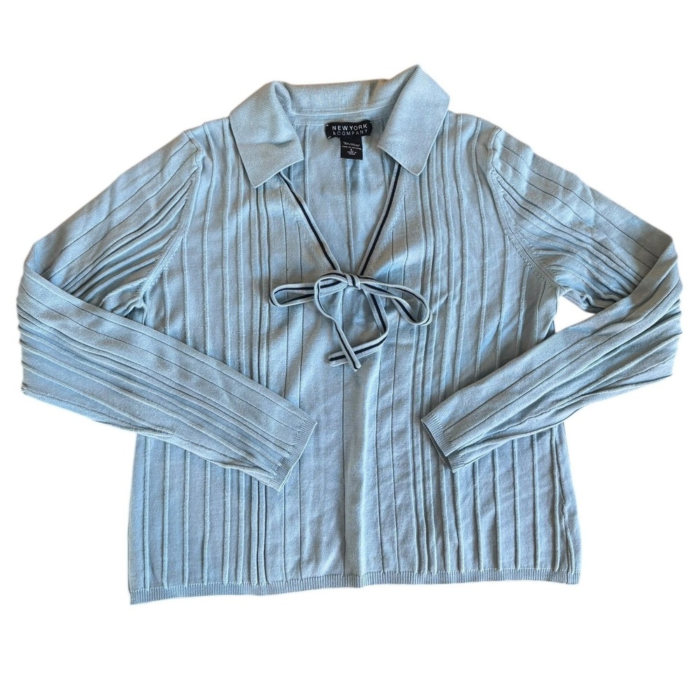 New York Company Light Blue Ribbed Knit Tie Neck Collared Sweater Women's Large